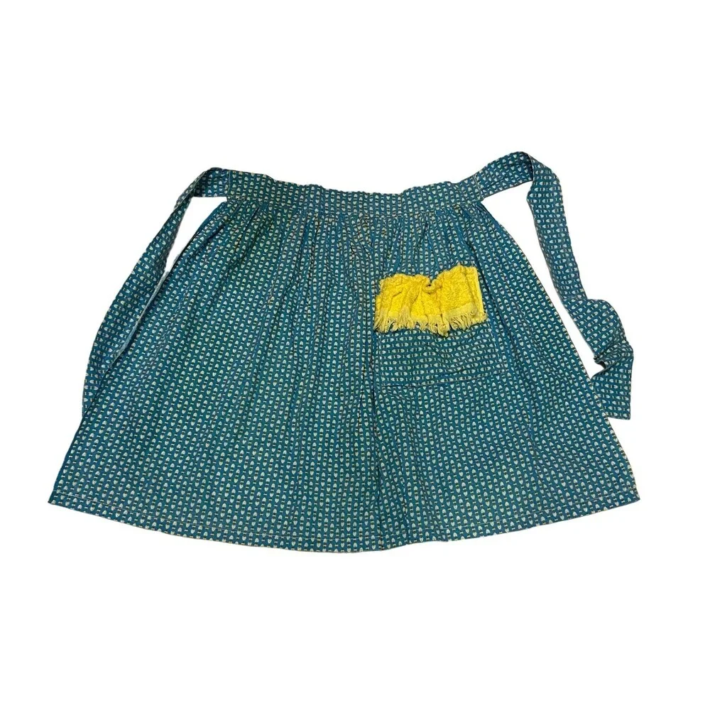 #5739 Womens Handmade Blue and Yellow Half Apron with Pockets